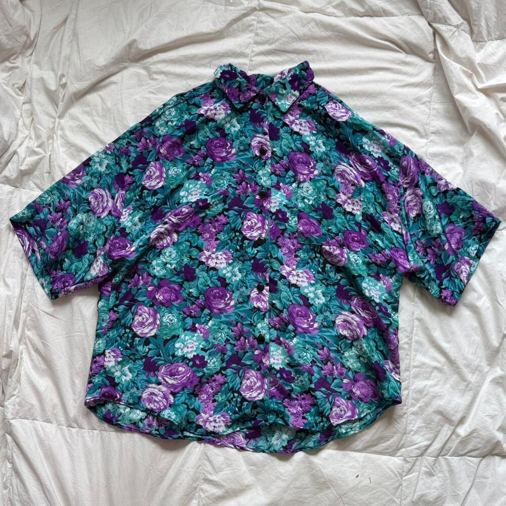 Joanna Vintage 80s floral satin button up shirt sz XL cottagecore‎ romantic